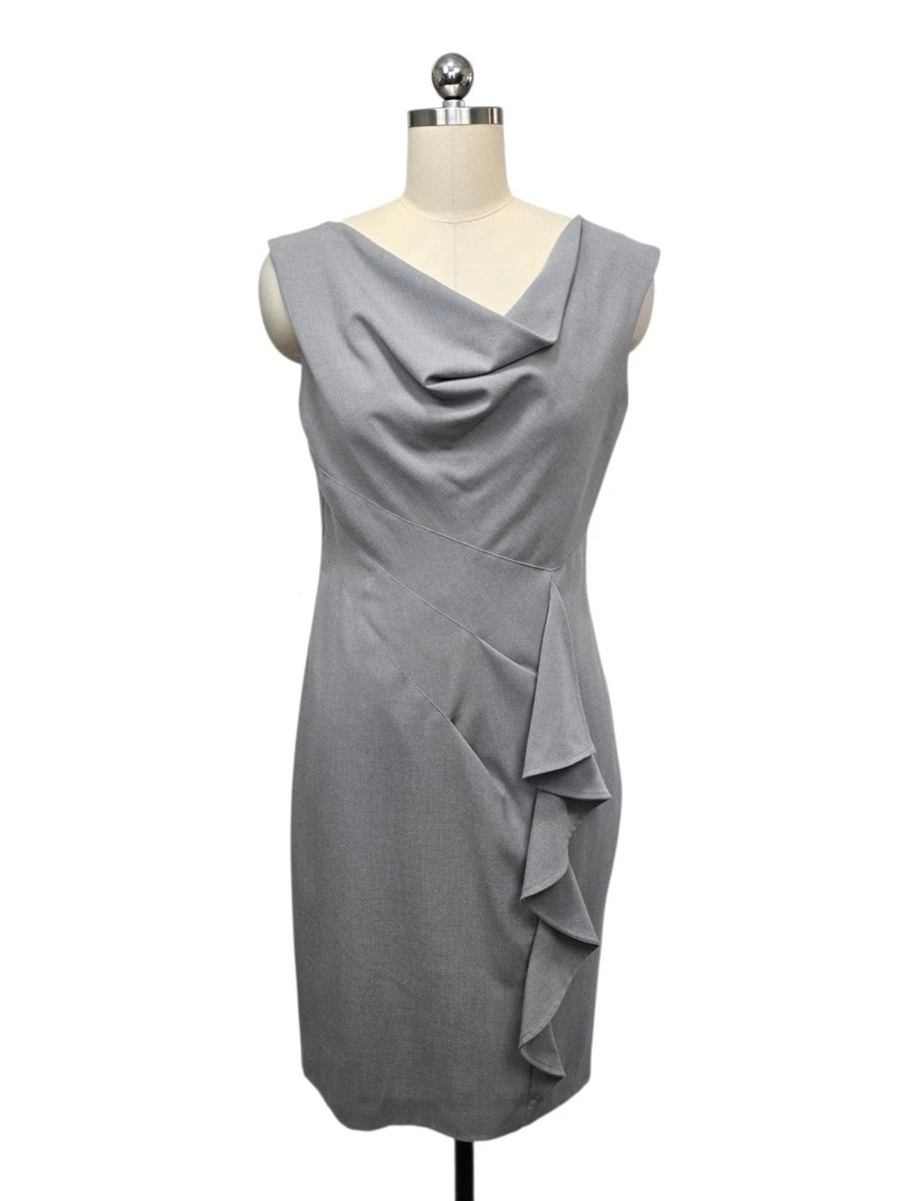 Calvin Klein Sheath Dress Gray Sleeveless Cowl Neck Ruffle Business Stretch